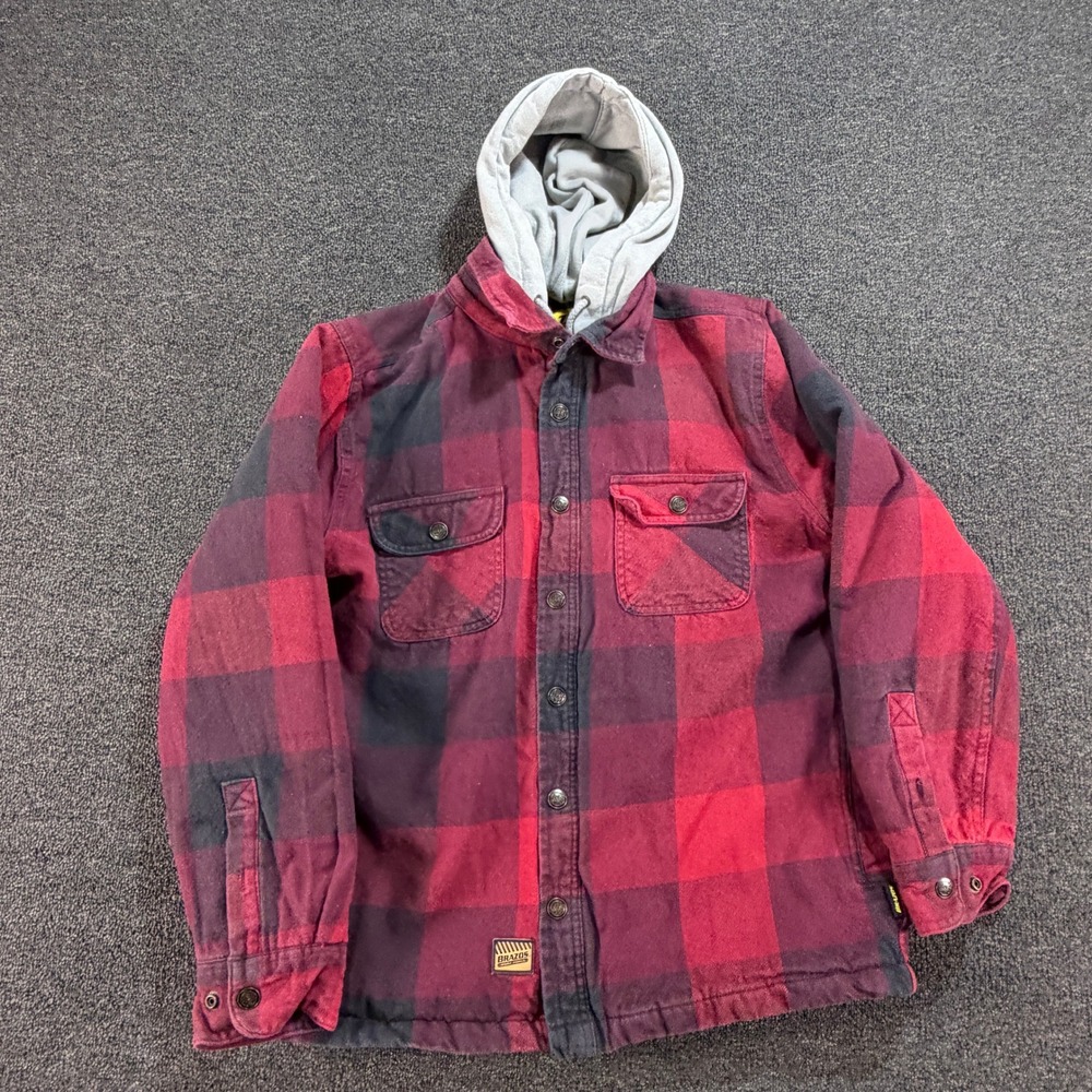 Brazos Shirt Jacket Mens M Work Force Red Black Buffalo Plaid Quilted Hooded EUC